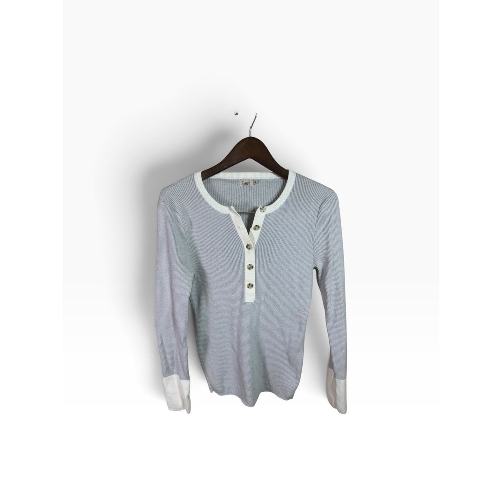 Faherty Mikki Henley Women's Large Neutral Colorblock Cotton Cashmere Ribbed